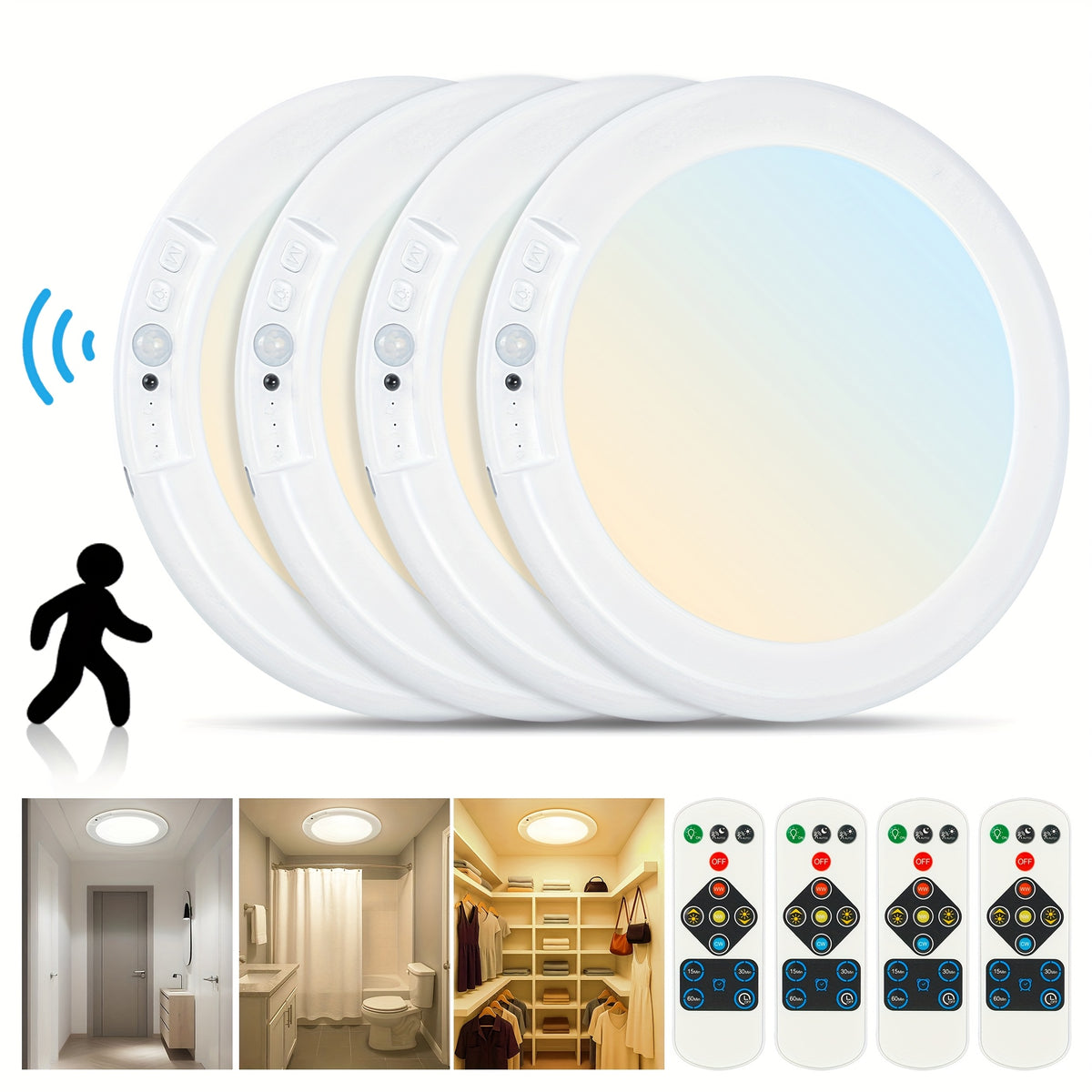 8/6/4/2/1Pack Rechargeable LED Ceiling Light with Motion Sensor, 3 Lighting Options, 10 Brightness Levels Battery Operated Closet Lights, Remote Control Dimmable Timing Motion Shower Lights for Living Bathroom Pantry Hallway Porch(3000K/4500K/6500K)