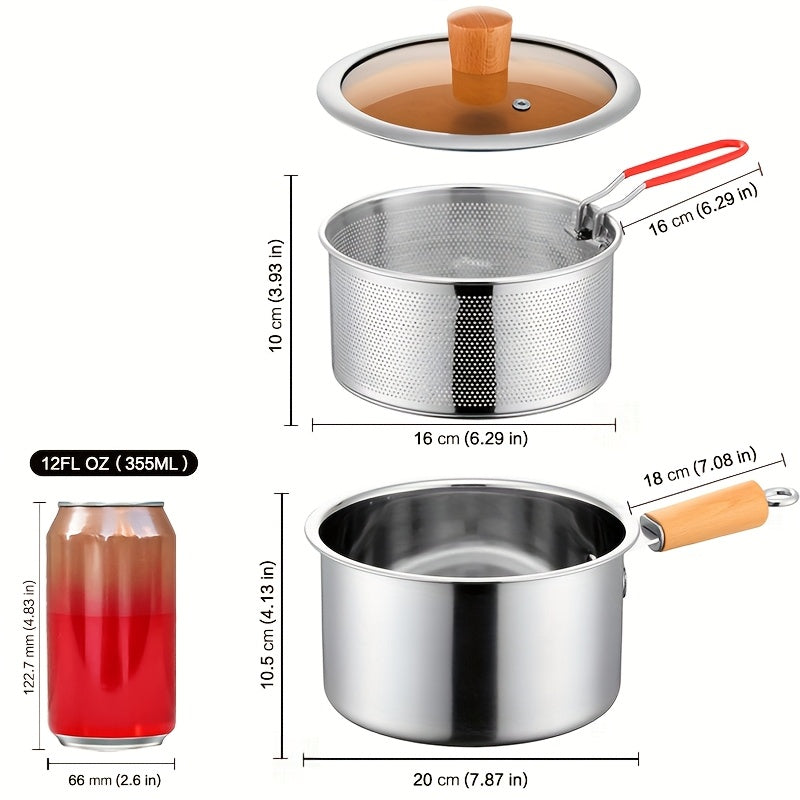 A Versatile Cookware Collection Made of Stainless Steel, Featuring a Frying Basket And a Glass Lid - Includes a Non-Stick Frying Pan, Deep Fryer, Pasta Pot, Milk Saucepan, And Food Steamer, Compatible with Both Induction And Gas Stoves