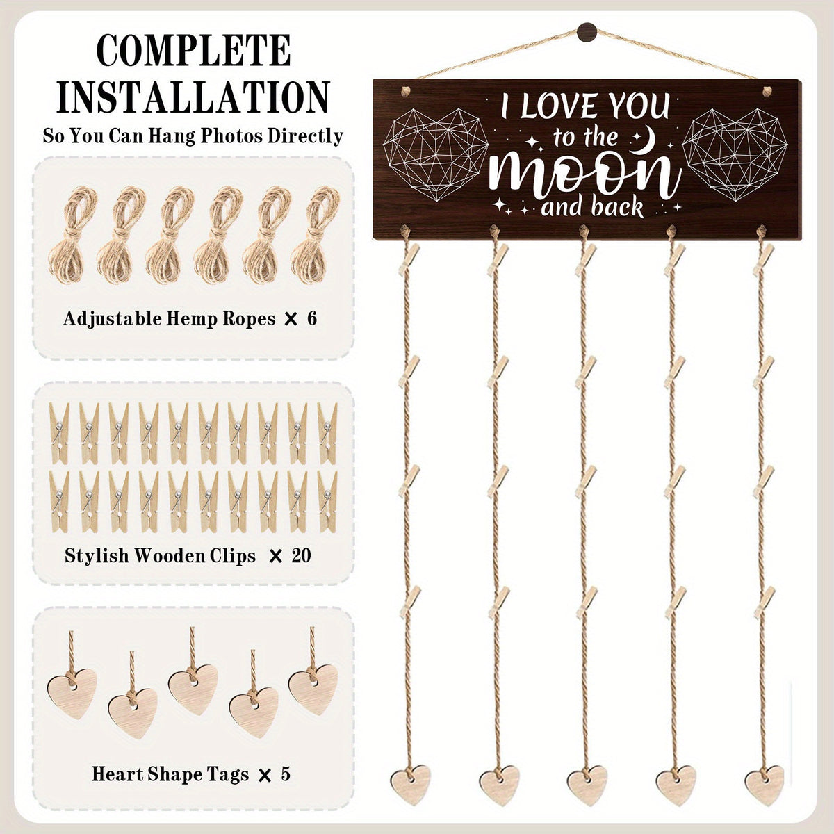 1 Set Wooden Hanging Photo Frames, I Love You to The Moon And Back Picture Holder - Gifts for Him Boyfriend, Her Girlfriend And Wife Husband, Romantic Picture Frame Gifts of Couples for Wedding, Anniversary, Valentine'S Day, Christmas Gifts