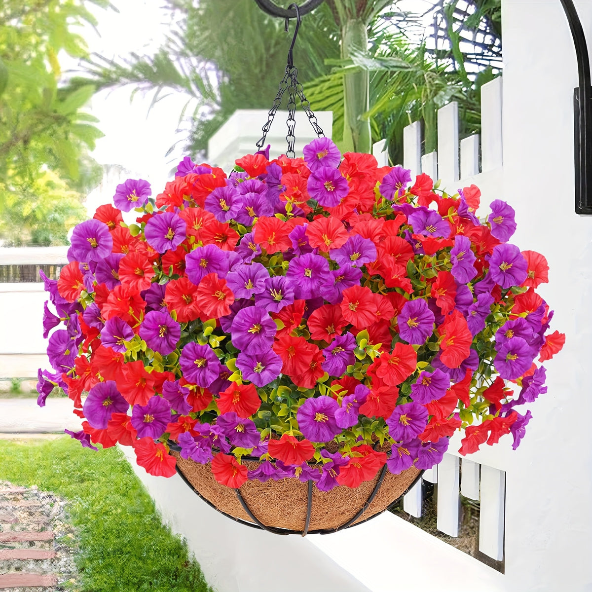 UV-Resistant Artificial Hanging Flowers Suitable for Outdoors, Fake Petunias with Container - Realistic Hanging Plants for Garden, Patio, Porch Decor, Wedding & Mother' Day Decoration, Low-Maintenance Plastic Faux Flowers for Balcony Railings