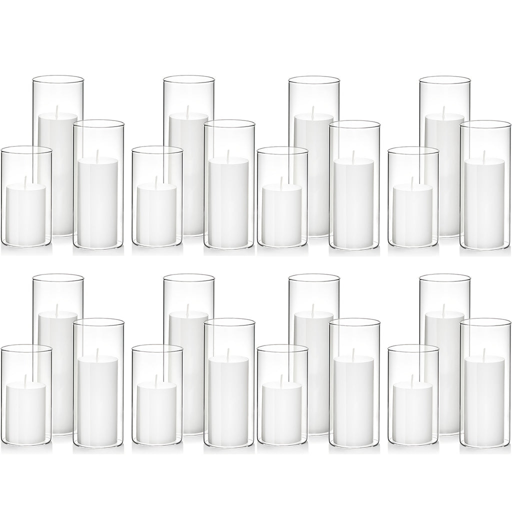 White Pillar Candles with Clear Glass Hurricane Holders- Elegant Cylinder Candle Vases for Weddings, Parties, Centerpieces, Home & Office Decor