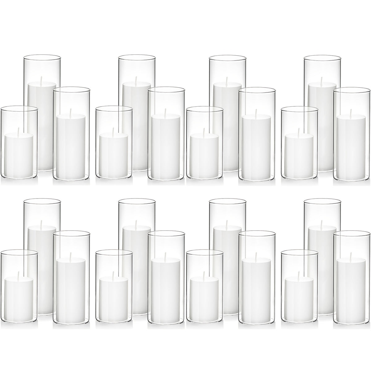 White Pillar Candles with Clear Glass Hurricane Holders- Elegant Cylinder Candle Vases for Weddings, Parties, Centerpieces, Home & Office Decor