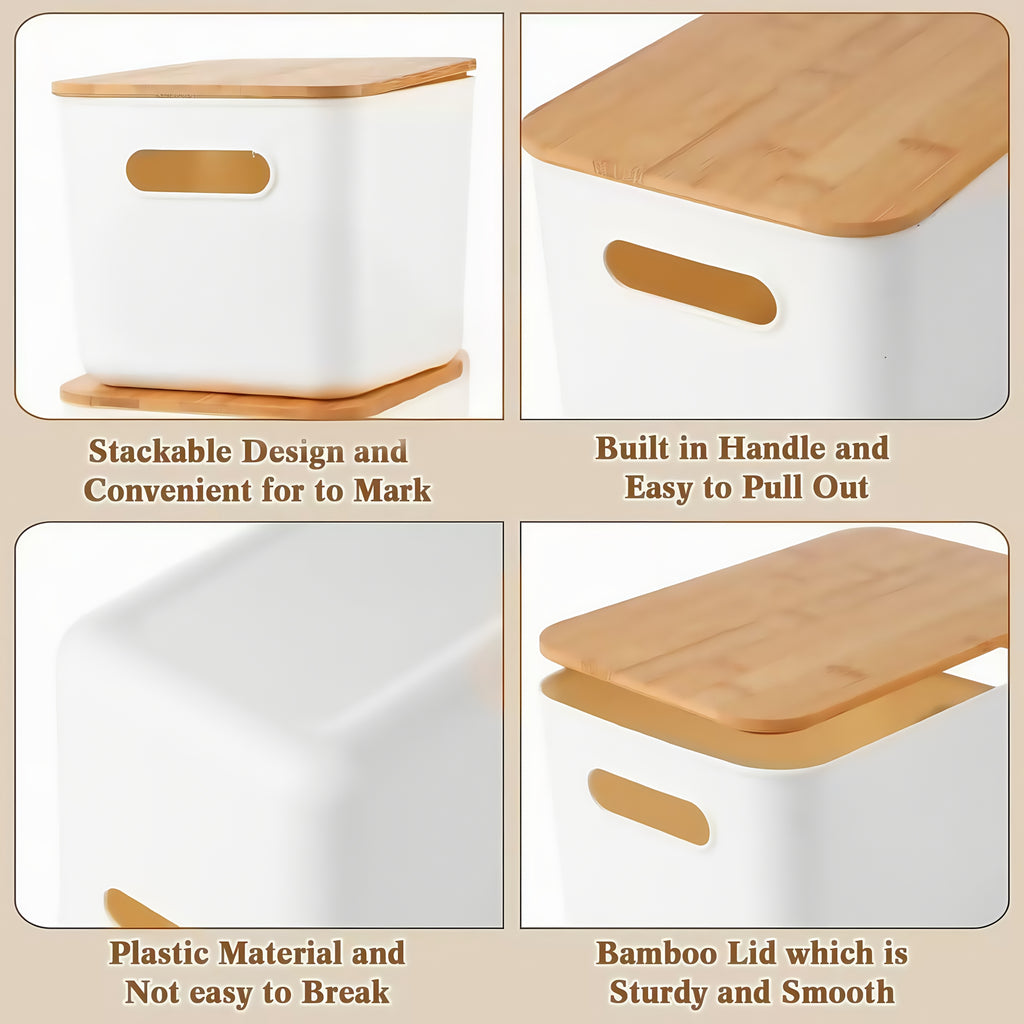 Storage Bins with Wood Lids, White Stackable Plastic Containers with Built-In Handles, 10.12 x 7.09 x 6.69 Inches in 1 2 4 or 8 Pack for Home Office Shelves