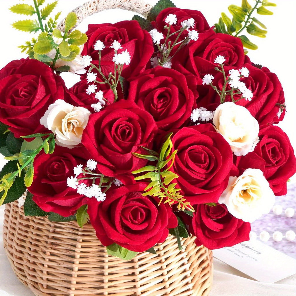50/100pcs Red Roses Artificial Flowers, Real Touch Velvet Roses Bouquet Fake Flowers Bulk, Artificial Roses with Long Stems for Valentines Day Gift DIY Bridal Wedding Centerpiece Decorations, Mothers Day Decor, Home Decor, Room Decor, Rosas Eternas