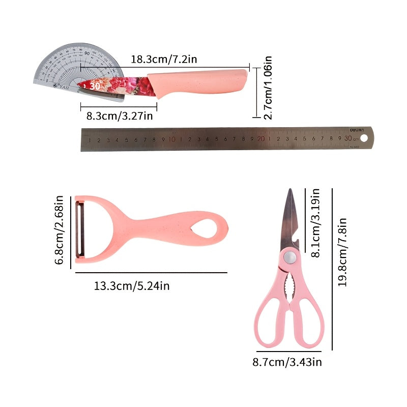 6pcs Jasmine Flower Pattern Kitchen Knife Set Colorful Printing, High Carbon Stainless Steel Blades, Ergonomic Handles, Sharp Meat Cleaver, Serrated Bread Knife, Precise Scissors, Peeler - Perfect Cooking Gifts for Women And Men, Kitchen Essentials