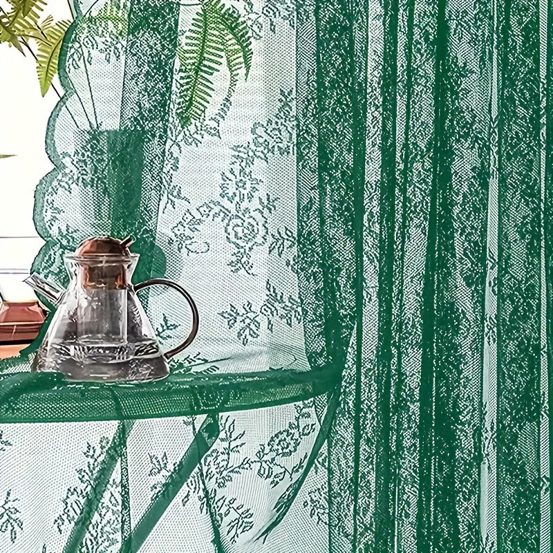 Set of Two White Lace Curtains with Floral Designs, Featuring a Bohemian Style And Semi-Transparent Fabric That Filters Sunlight. Suitable for All Seasons