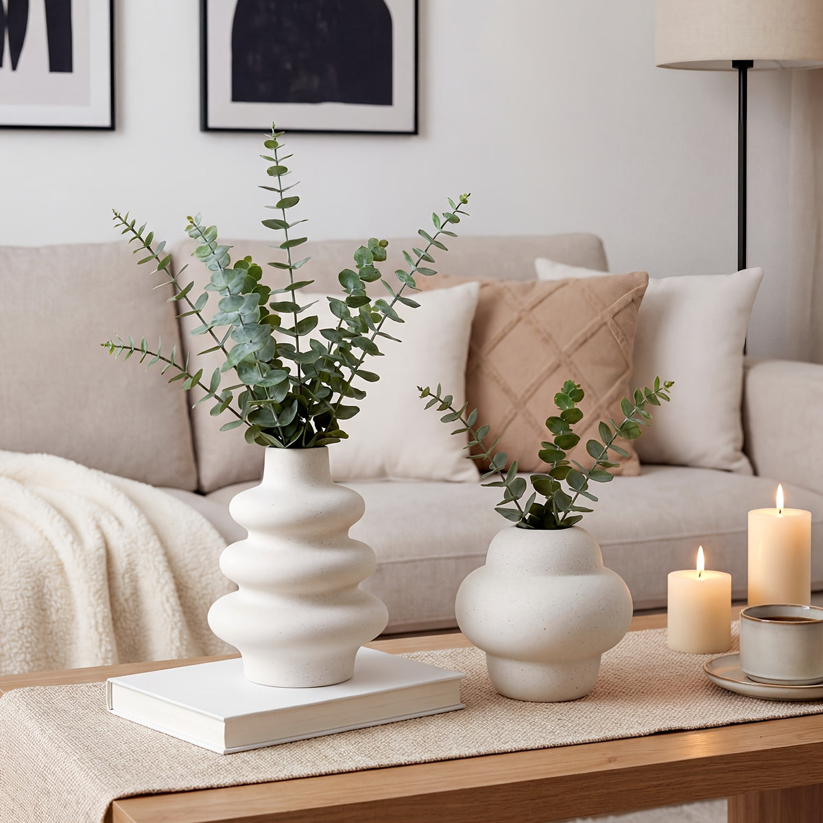 Sculptural Ceramic Vase Set, 3 or 5 Piece Matte Nordic Boho Flower Vases with Decorative Shapes for Living Room Shelves, Mantels and Entryway Tables
