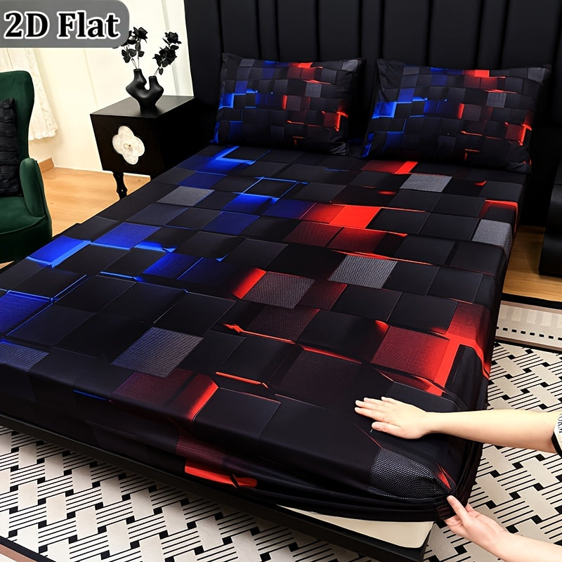 2D Flat 3pcs Cool Technology Digital Printing Material Plaid Fitted Sheet(1pc Bed Sheet+2pcs Pillowcase No Filling)Deep Pocket In 15 Inch At Home Dormitory Suitable for All Seasons Mattress Protector