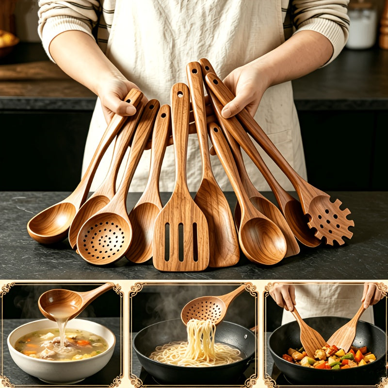 A Set of 10pcs High-Quality Thick-Walled Teak Cookware, Non-Stick Friendly, Heat-Resistant, with Ergonomic Handles, Comfortable Grip, Suitable for Stirring, Baking, Serving And Easy Cooking, 730G/ 1.61Lb