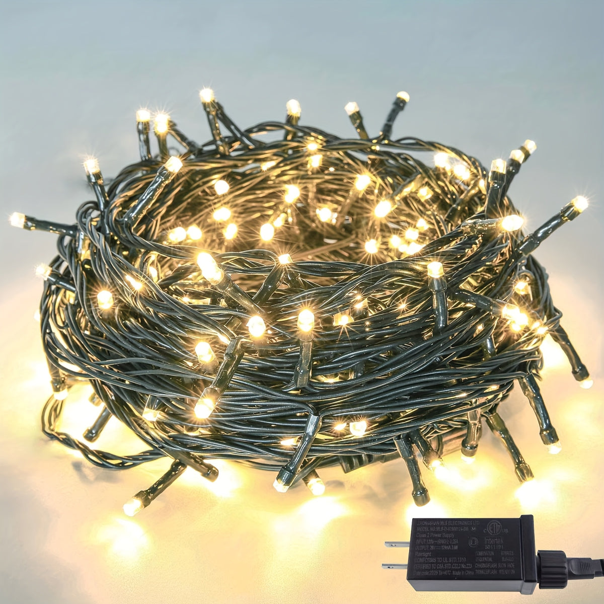 Outdoor And Indoor LED Christmas Lights in Multi-Color Options, Available in 100, 200, 300, And 500 Counts. Features a Green Wire, Memory Function, Timer, And 8 Modes. These Super Bright Lights Are IP44, Perfect for Holiday Parties, Gardens