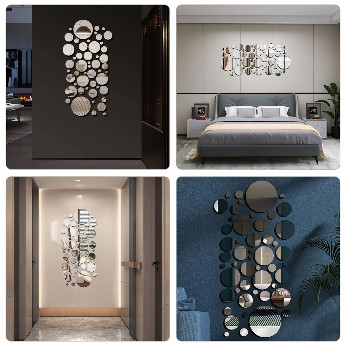 50pcs 3D Mirror Wall Stickers, Self-Adhesive Round Acrylic Wall Decals with Multiple Sizes, Home Art Decor for Bedroom, Bathroom & Office