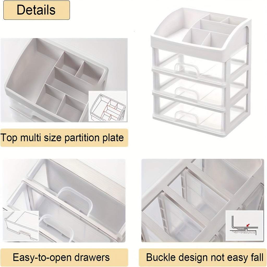 Makeup Storage Organizer with Six Top Compartments and Three Pull-Out Drawers, Four-Layer PP Plastic Cosmetic Holder for Skincare, Vanity and Desk Essentials