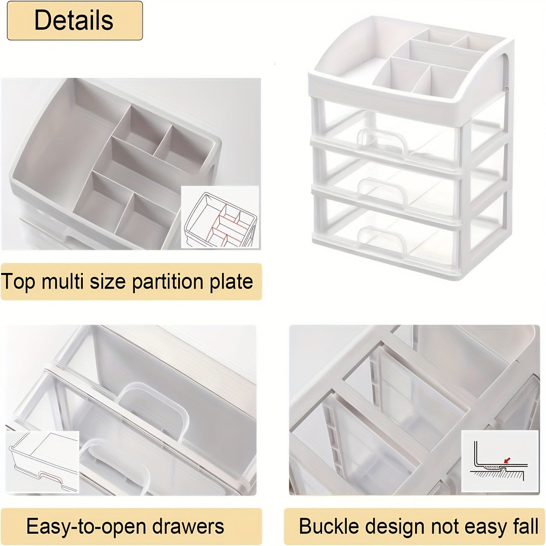 Makeup Storage Organizer with Six Top Compartments and Three Pull-Out Drawers, Four-Layer PP Plastic Cosmetic Holder for Skincare, Vanity and Desk Essentials