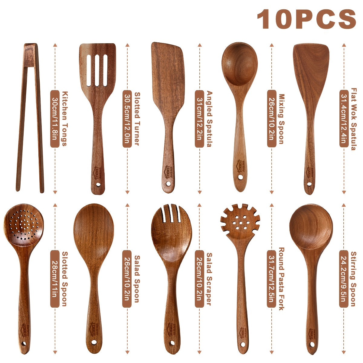 10pcs Wooden Spoons for Cooking, Natural Teak Wooden Kitchen Utensils Set Non-Stick Kitchen Pan Toolset Wooden Utensils for Cooking Wooden Cooking Utensils Wooden Spatulas for Cooking