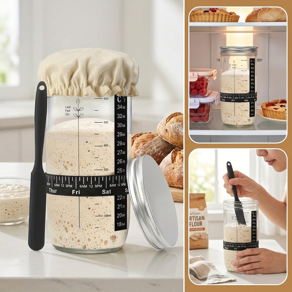 1/2pcs Fermentation Jar 24oz, Glass Jar with Auxiliary Label, Fermentation Jar Kit Set, Thermometer, with Scraper, Stitched Cloth Lid and Aluminum Lid, Suitable for Bread Baking Supplies, Juice Fermentation Glass Jar