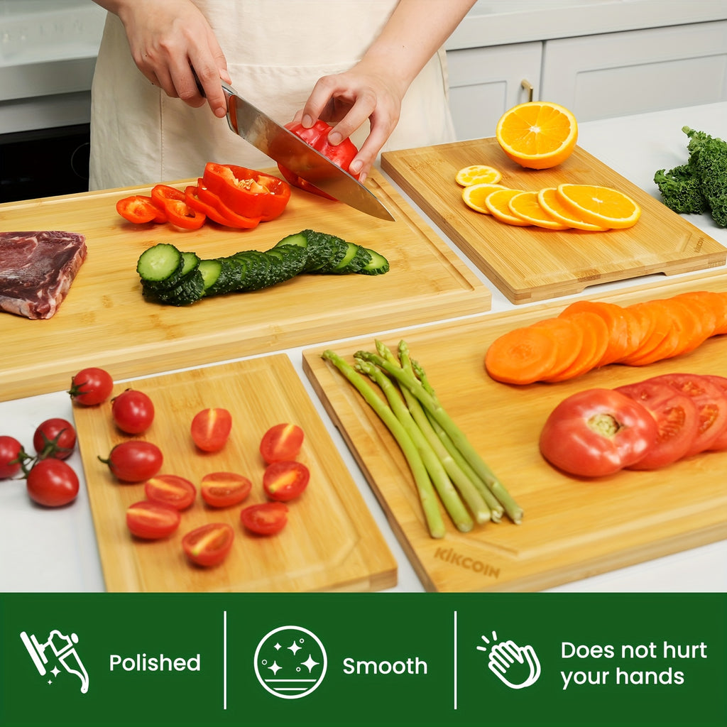 4pcs Extra Large Kitchen Bamboo Cutting Board Set, Heavy Duty with Juice Grooves, Chopping Board Set for Meat, Vegetables, Cheese.Essential Kitchen Tools.Family, Friends. Holiday Party.Memorial Day, Spring Essentials, Mother's Day Gift