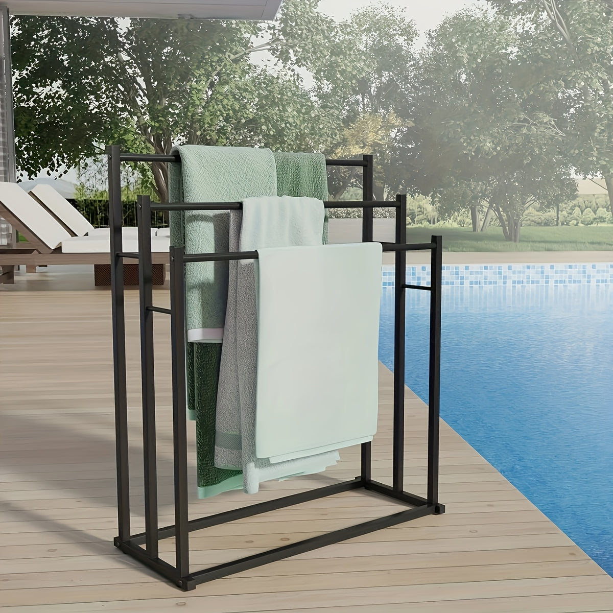 Minimalist And Durable Towel Rack, Freestanding Metal Bathtub Rack, Outdoor Pool Towel Rack, 3-Tier Bathroom And Pool Storage Rack, 47.2-Inch-High Storage Rack, Suitable for Bathrooms, Pools, And Gyms, Black