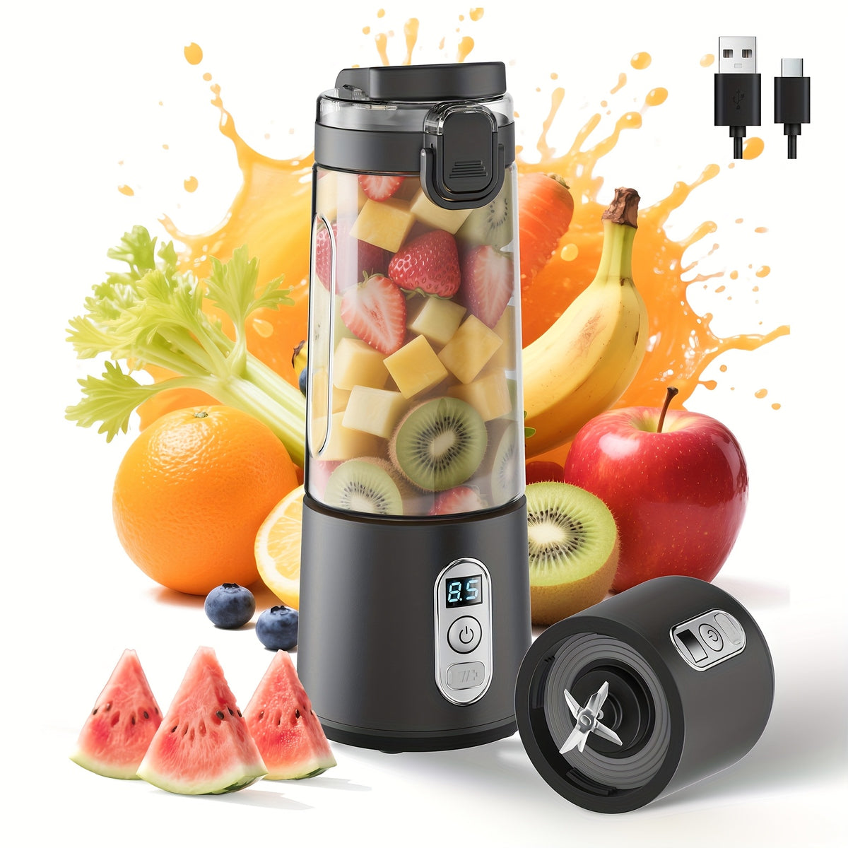 LALAYUAN USB-Powered Juicer & Juicer with Digital Timer, Battery Left Display, High-Speed Ice Crush, USB-C Fast Charge, One-Tap NO-Spill Lid, 6-Blade Stainless Steel - Smoothie Blender Portable, Protein Shakes, Gym, Travel Smoothie Maker