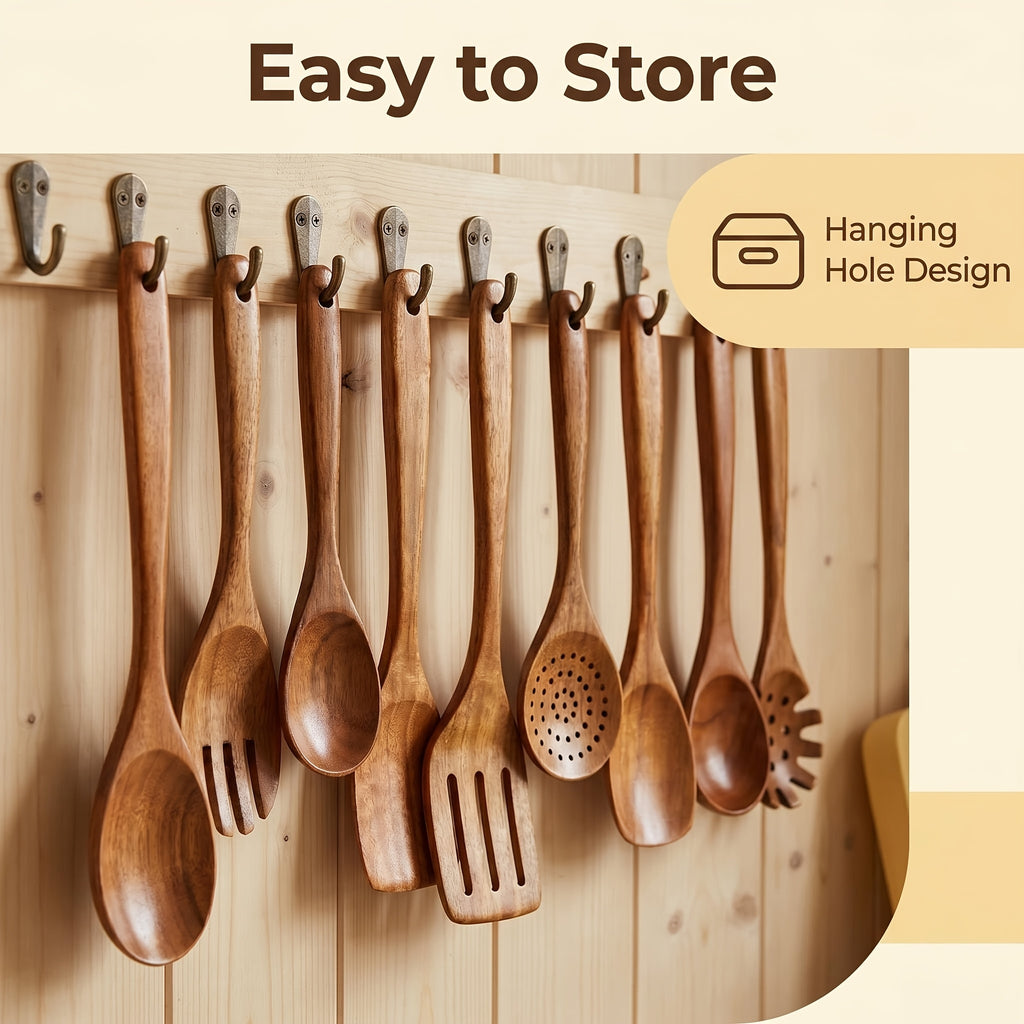 A Set of 10pcs High-Quality Thick-Walled Teak Cookware, Non-Stick Friendly, Heat-Resistant, with Ergonomic Handles, Comfortable Grip, Suitable for Stirring, Baking, Serving And Easy Cooking, 730G/ 1.61Lb