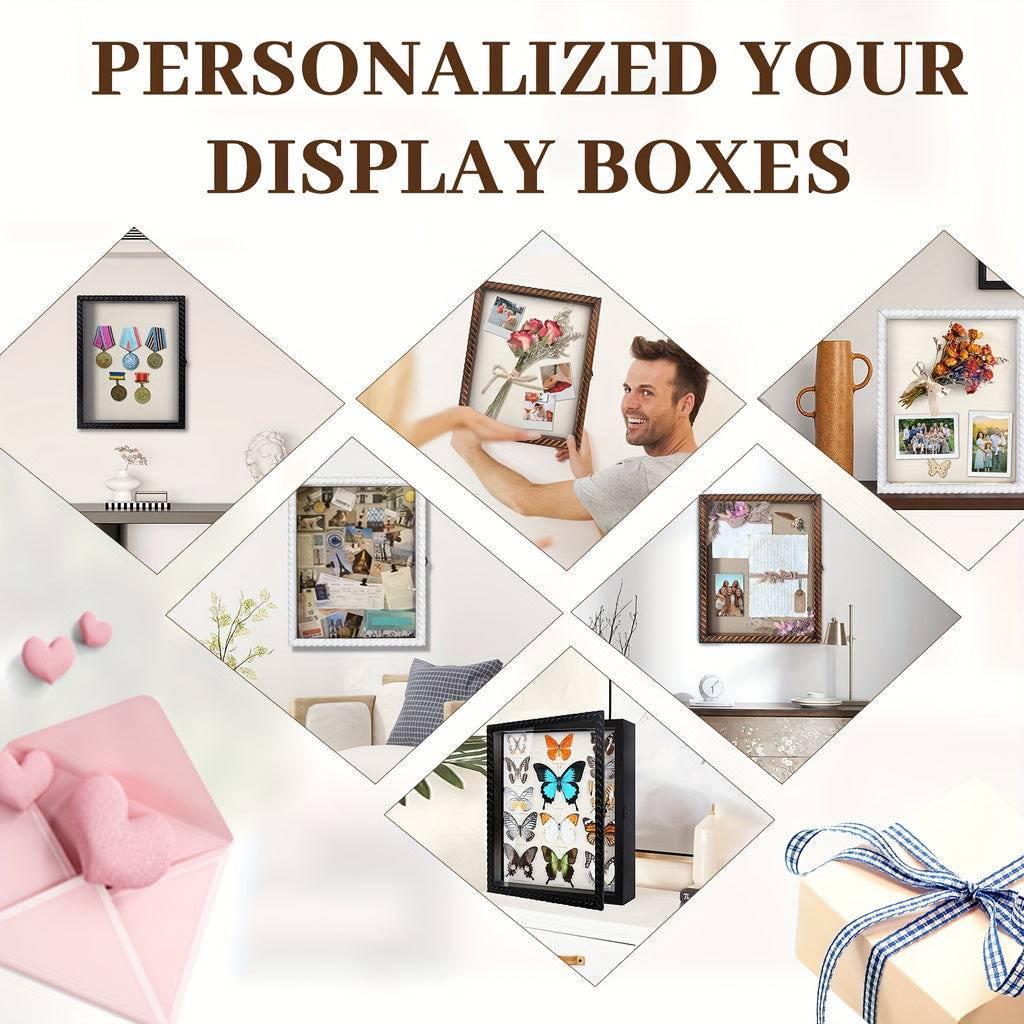 11X14/12X16 Shadow Box Frame with Linen Back - Large Rustic Memory Display Case for Flowers, Pictures, Championship Rings, Medals, Coins, Pins Collection And More, Including 4 Removable Shelves