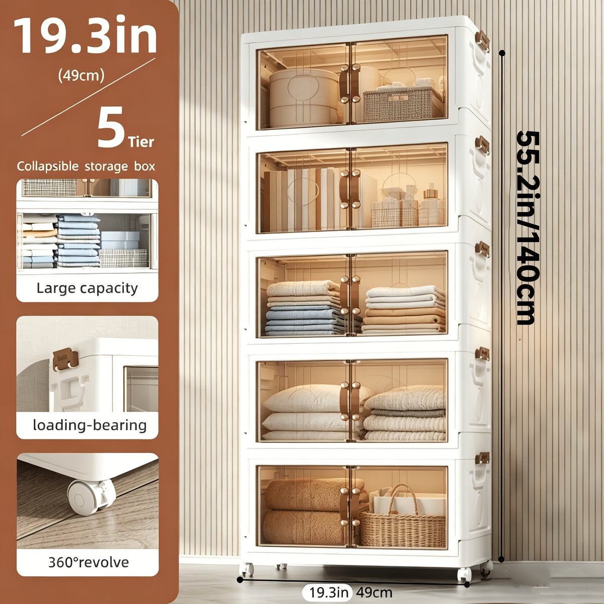 Lidded Storage Bins 2/3/4/5-Tier, Dual-Opening Storage Organizer Box, Large Storage Container with Lid and Wheels, for Storing Books, Kitchen Storage Cabinet, Storage Drawer Unit for Storage and Organization