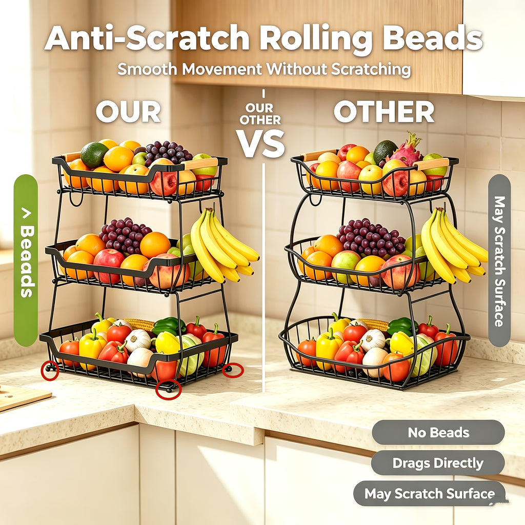 2-Tier Countertop Fruit Basket with 2 Banana Hangers for Kitchen, Detachable Metal Organizer for Bread Vegetable Fruits with Wooden Handle, Large Capacity Rectangular Storage Stand Bowls, Black