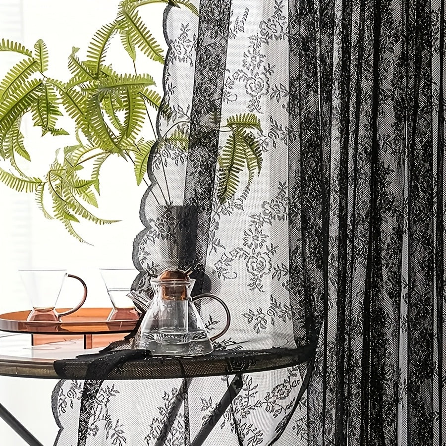 1pc White Lace Door Curtain with Wave Edge, Semi-Sheer Polyester Rod Pocket Curtain for Home And Outdoor Use, Vintage Style with Floral Pattern, Semi-Sheer Curtains | Vintage Curtain Design | Embroidered Detailing