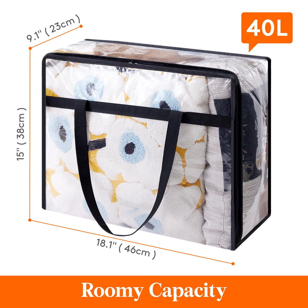 4pcs Heavy-Duty Clear Plastic-Like Vinyl Storage Bags with Black Zipper Closure - 10.57gal Large Capacity Foldable Moving & Organizers for Clothes, Bedding, Blankets, Duvets - Garment & Bedspread Containers, Under-Bed Storage