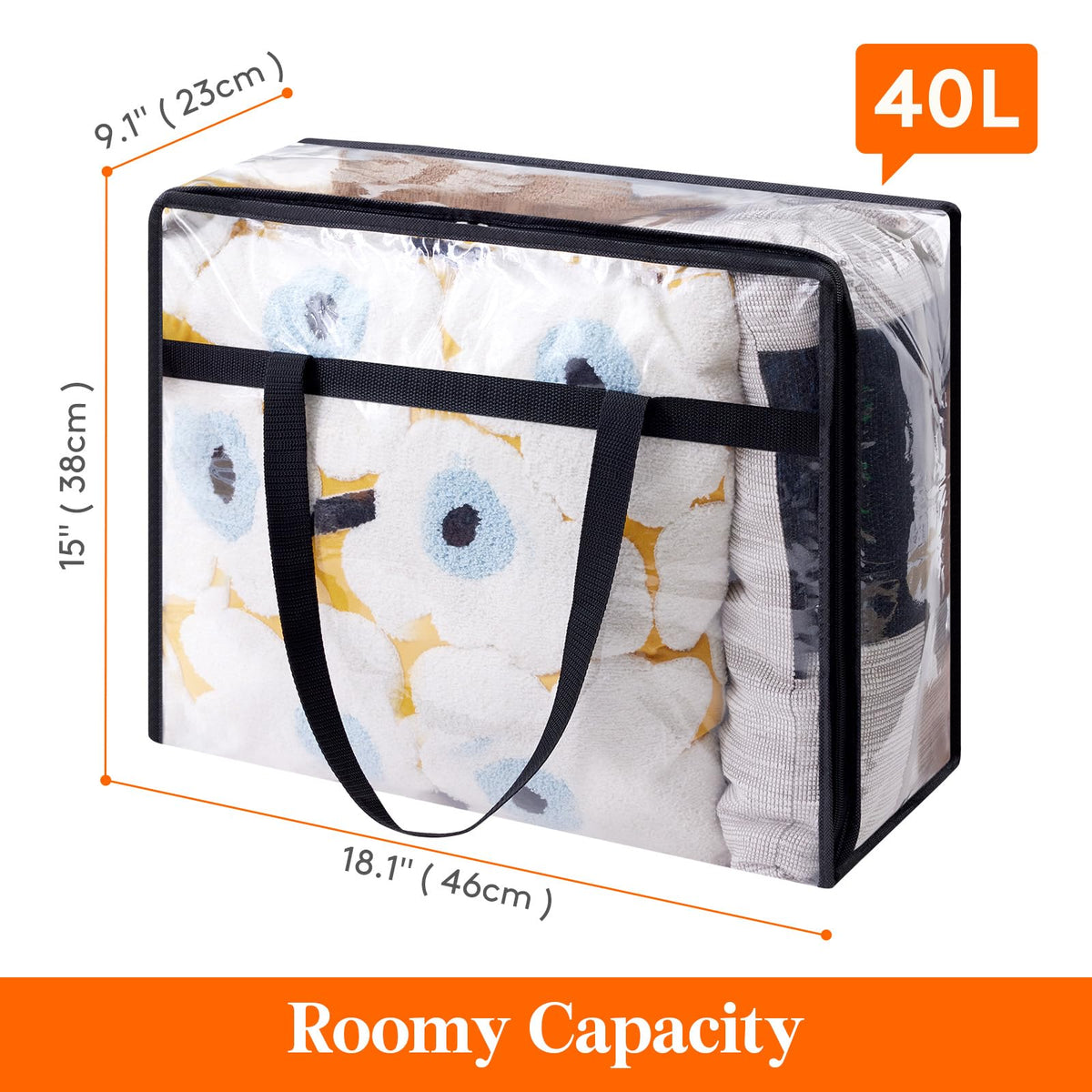 4pcs Heavy-Duty Clear Plastic-Like Vinyl Storage Bags with Black Zipper Closure - 10.57gal Large Capacity Foldable Moving & Organizers for Clothes, Bedding, Blankets, Duvets - Garment & Bedspread Containers, Under-Bed Storage