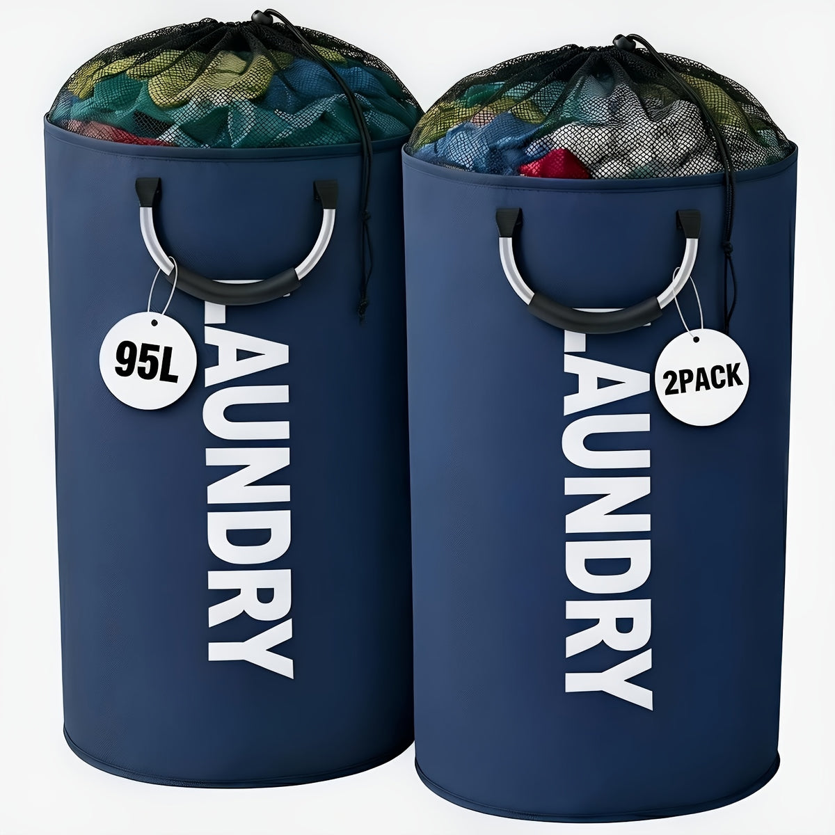 2-Pack Extra Large 25.1gal/30.38gal Foldable Laundry Baskets with New Drawstring Closure Design, Multi-Purpose Fabric Clothes Storage Baskets for Bathroom, Bedroom, Outdoor, And Dorm (Space-Saving Design); Each with Ring Handles, Premium Laundry Storage B