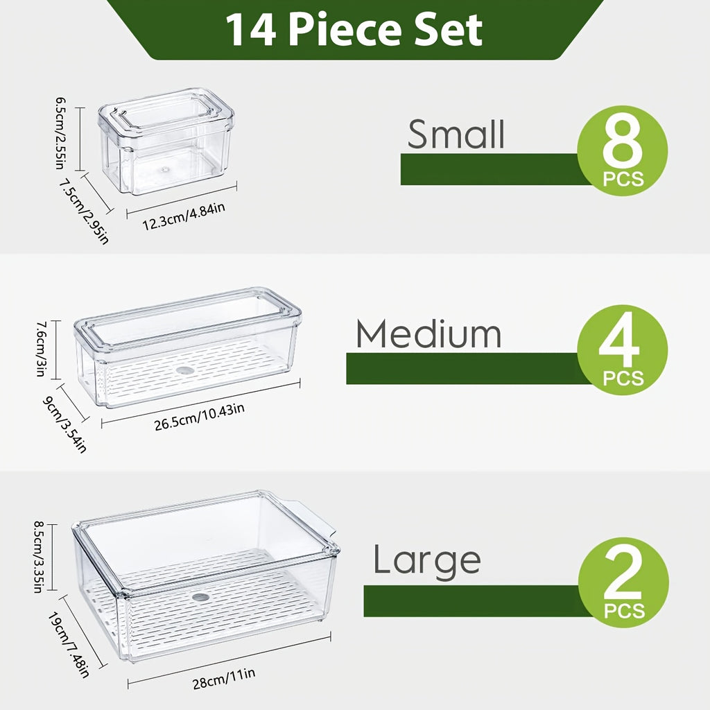 14 Pack Fridge Organizer, Stackable Refrigerator Organizer Bins with Lids, Fridge Organizers And Storage Containers for Fruit, Vegetable, Food, Drinks, Cereals, Clear