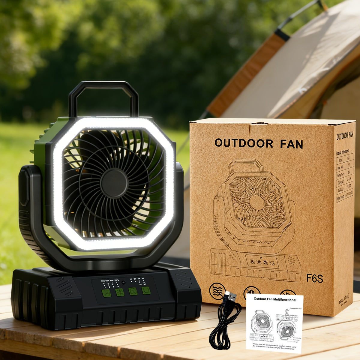 [For Indoor/Outdoor] 3-In-1 Indoor Outdoor Camping Fan Light Power Bank 20000mAh, 4-Speed Wind LED Dimming, Multi-Angle Rotation, Long-Lasting Power For Hiking Tent Office