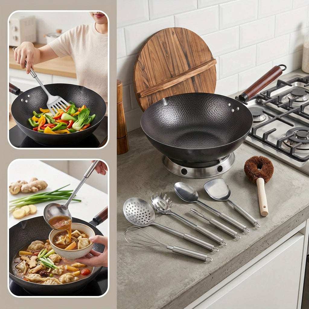 12.6" Iron Wok-11pcs Woks & Stir Fry Pans Wok Pan with Lid, No Chemical Coated Chinese Wok with 10 Cookware Accessories, Flat Bottom Wok for Electric, Induction, Gas Stoves