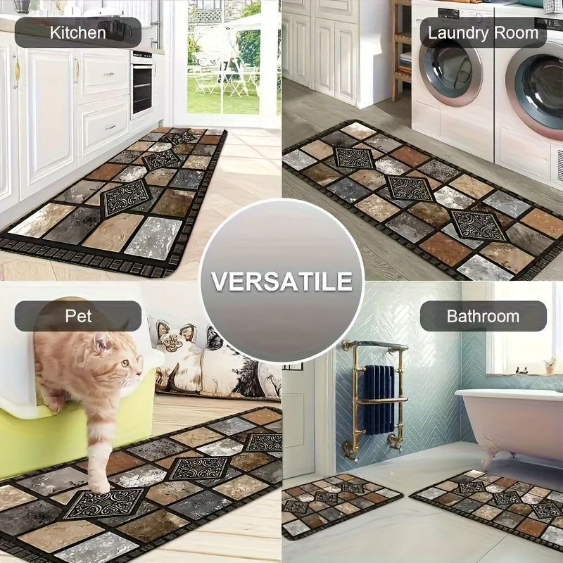 Plaid Kitchen Rug Set, 2-Piece Brown Absorbent Diatomaceous Earth Floor Mats with Non-Slip Backing, Machine Washable Quick-Drying Runner