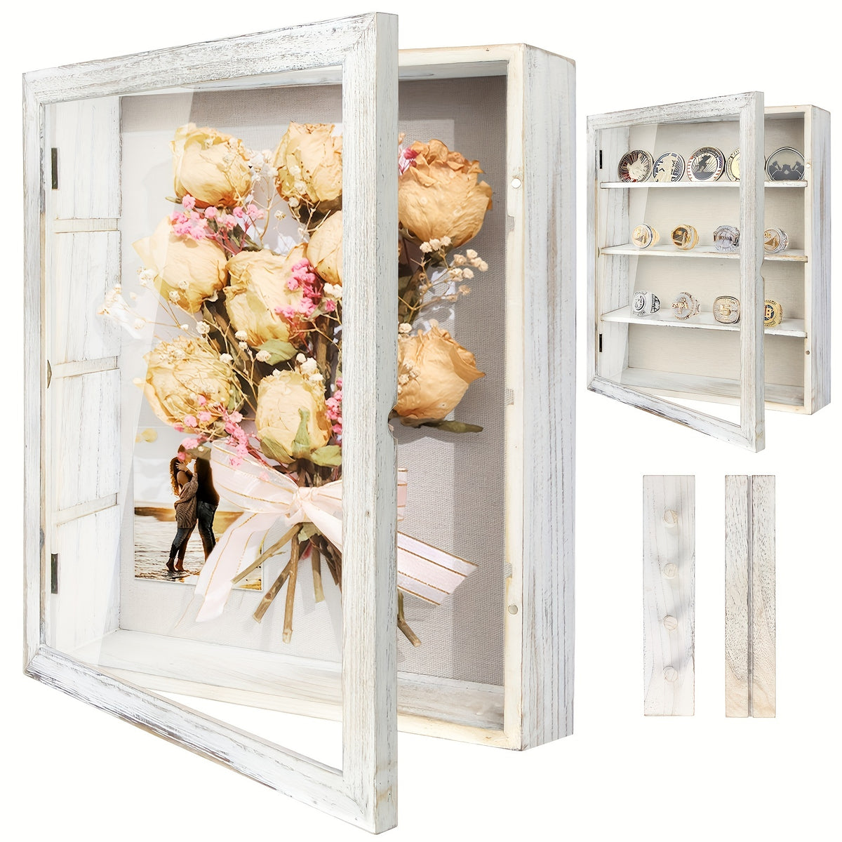 11x14 Large Country Memory Display Box Flowers, Pictures, Championship Rings, MEDALS, Coins, Pin Collection And More, Including 4 Removable Shelving Shadow Box Frames With Linen Back -
