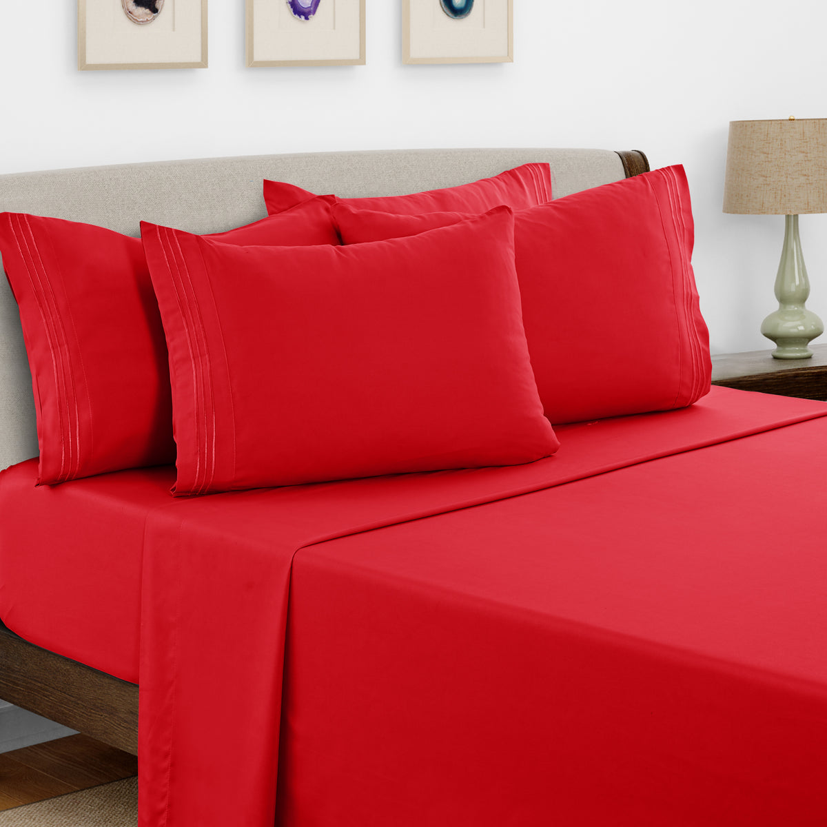 Lux Decor 6 Pieces Solid Bed Sheets Set - Modern Soft Comfortable Bedding Set, Hotel Luxury Skin Friendly Cooling Sheets & Embroidered Pillowcases Without Filler - All Seasons Bed Sheet with 16 Inches deep Pocket, Breathable Skin Friendly & Cooling Sheets