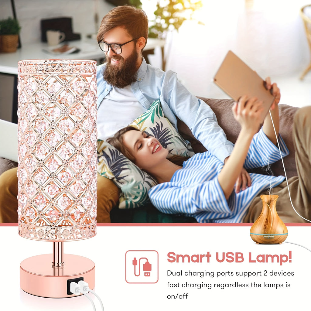 Touch Control Crystal Table Lamps With 2 USB Ports, 3-Way Dimmable Bedside Nightstand Lamps With Decorative Crystal, Small Table Lamps For Bedrooms Living Room, Office, Led Bulb Included