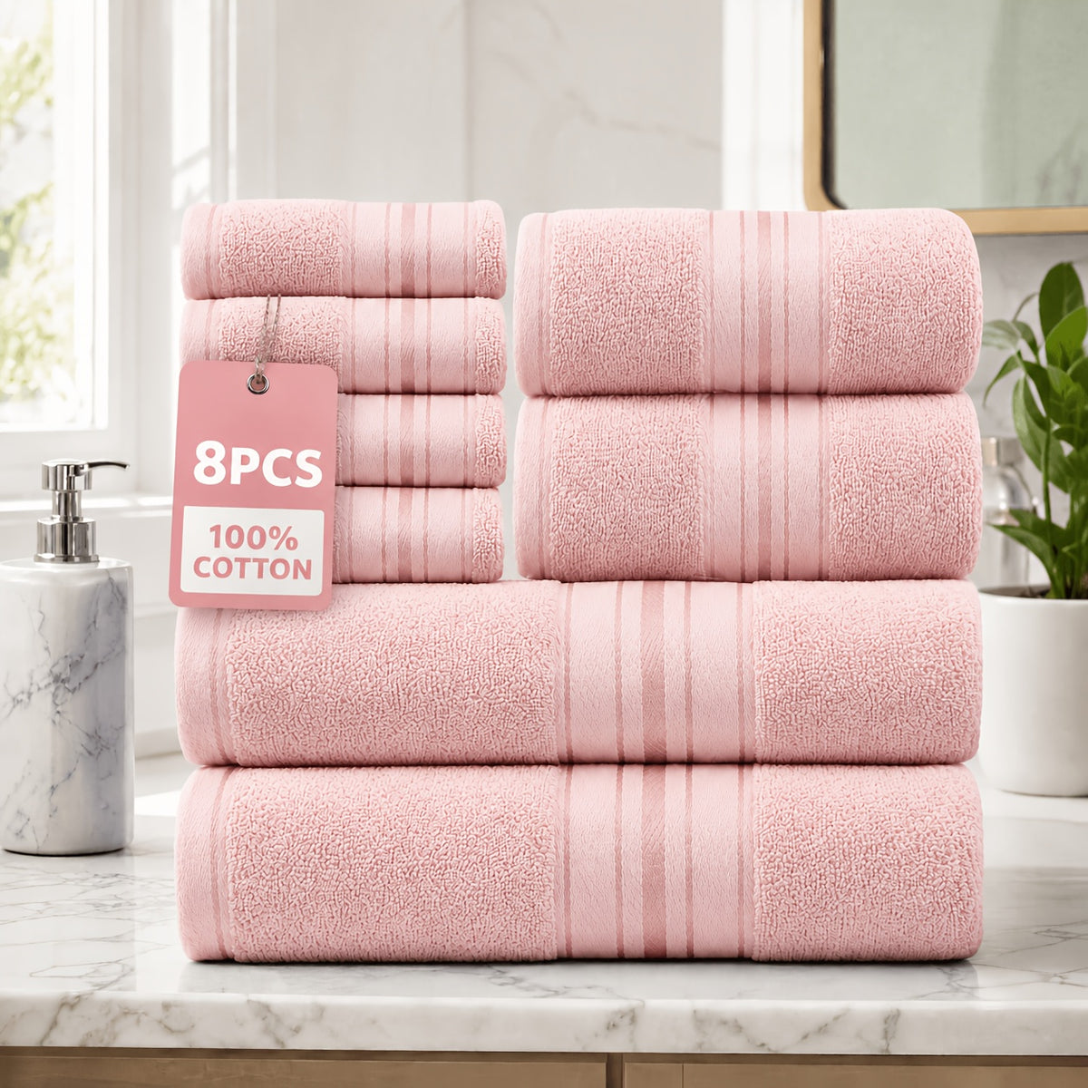Luxury 8pcs Bath Towel Set, 100% Cotton Premium Hotel Quality, Includes 2 Bath Towels, 2 Hand Towels, 4 Washcloths, Soft Absorbent Spa Towel Collection, Ideal for Bathroom, Hotel, SPA
