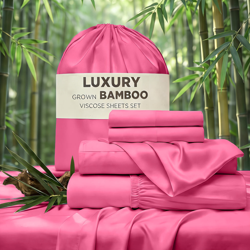 4pcs Hotel Luxury Bed Sheet & Pillowcase Set - Ultra Soft Rayon Derived From Bamboo, Wrinkle Fade & Stain Resistant, 14" Deep Pocket, Easy Care Bedding for Bedroom & Kids Room Decor