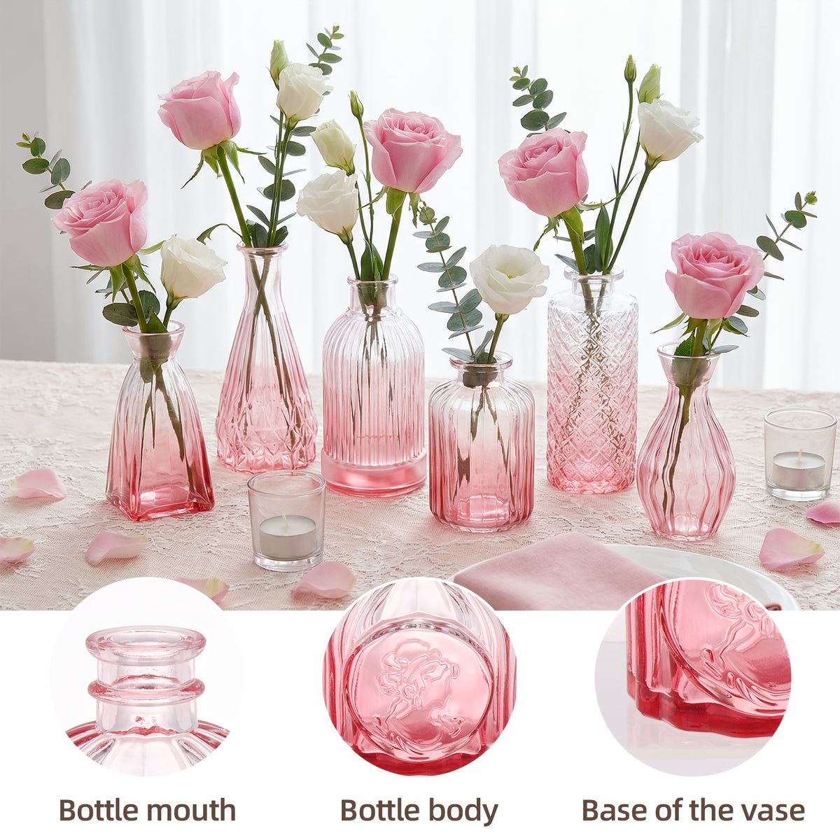 Pink Glass Bud Vase Set, 12 or 36 Vintage-Style Textured Mini Flower Vases for Wedding Centerpieces, Bridal Showers, Party Favors and Home Table Decor