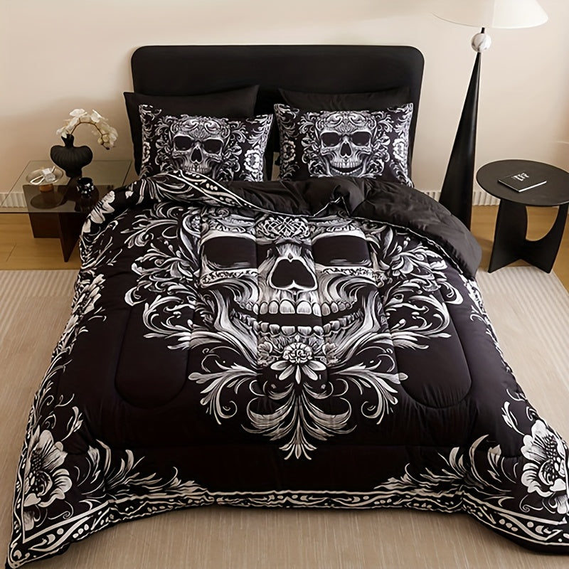 2D Flat 3pcs Black Gray Design Skull Quilt Set (1 Comforter +2 Pillowcases Without Pillow Core), Contains Padding 180gsm Quilting Soft Ventilate Digital Printing Bedroom Dormitory At Home Room Decor Back-to-School Season Valentine'S Day Gift-Giving