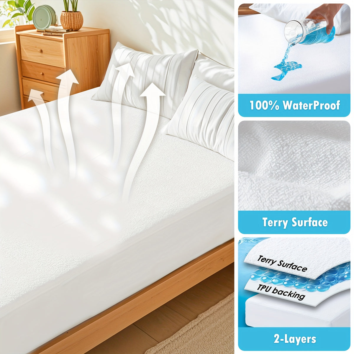 ClevaHome Waterproof Mattress Protector - King Queen Full Twin, Fitted Bed Sheet Only, Ultra Soft And Noiseless Surface, with PU Liner, 18 Inch Deep Pocket, Machine Washable, White, No Printing, Ideal for Bedwetting, Modern Bedroom Decor