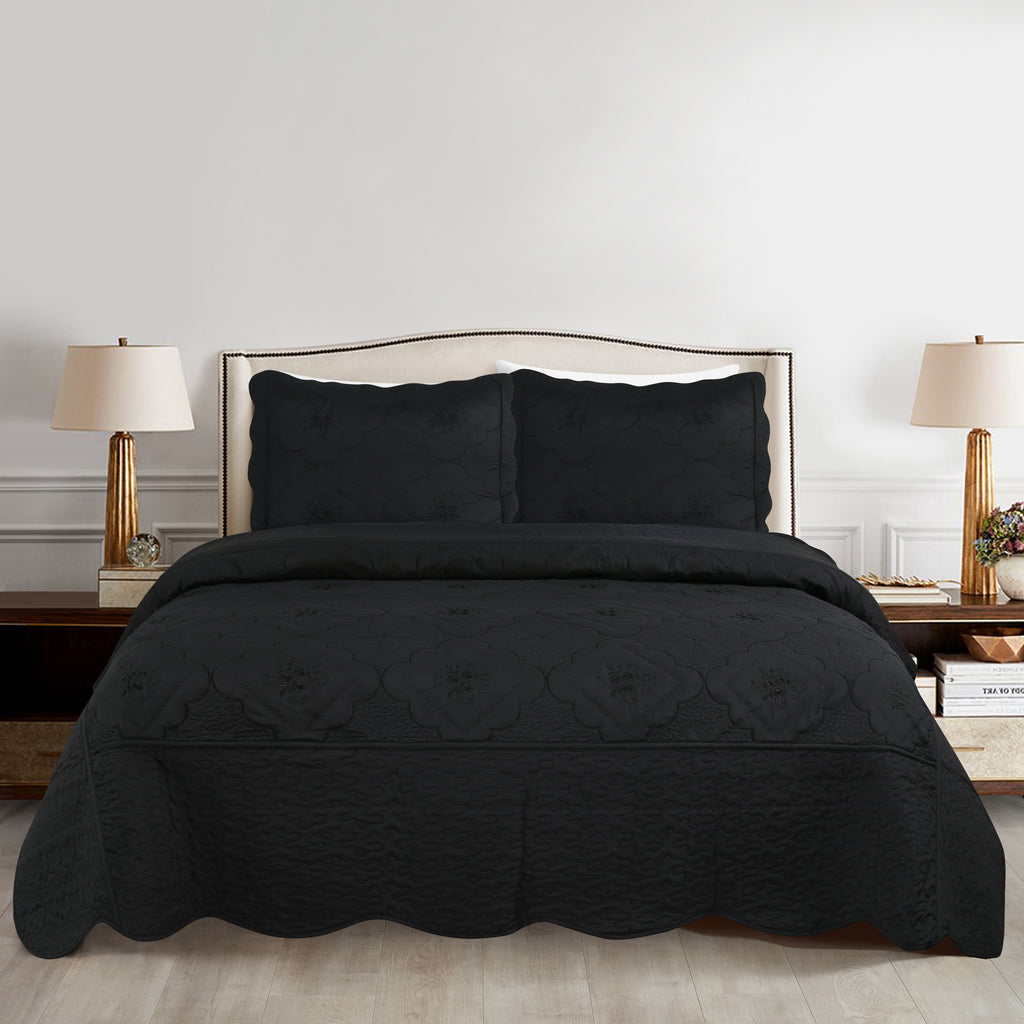 3pcs Exquisitely Crafted King/ Queen Size Quilted Bedspread Set with Intricate Floral Embroidery - 100% Polyester, Wrinkle - Resistant, Lightweight, Perfect for Adding A Touch of Elegance To Your Bedroom Decor