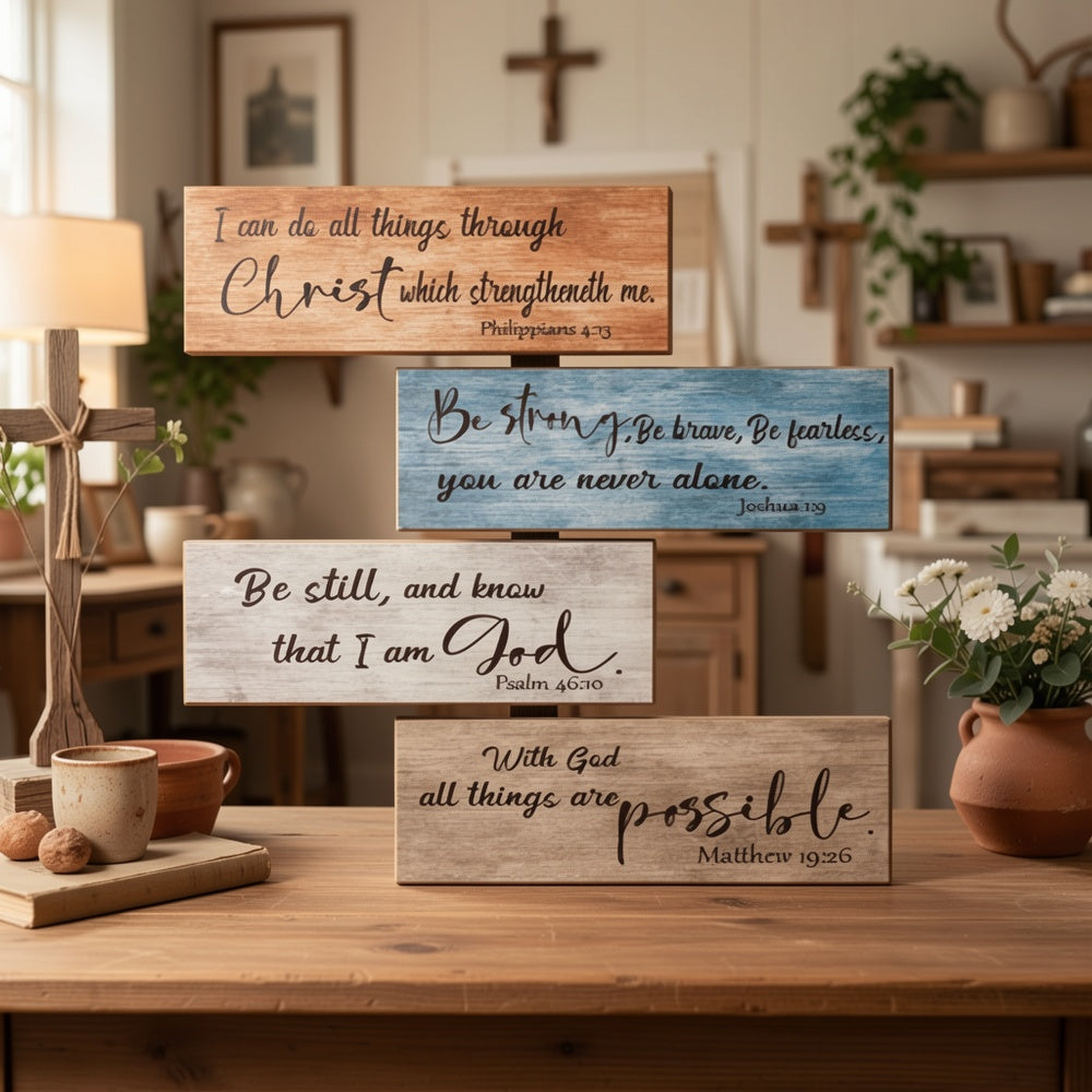 4pcs Bible Verses Wall Decor Rustic Wooden Christian Signs Farmhouse Religious Decor for Home Motivational Prayer Wall Art for Living Room Office Bedroom Bathroom(Farmhouse)