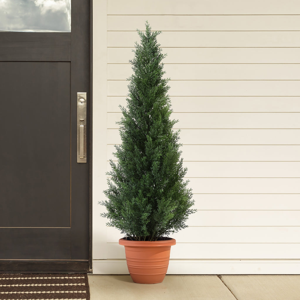 Outdoor Artificial Topiary Cedar Tree - 1pc/2pcs Fake UV Rated Potted Plants - 3/4/5FT Faux Pine Bushes And Shrubs For Front Porch Home Office Decor