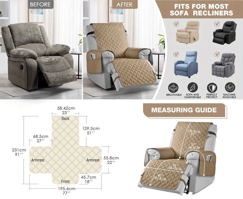 100% Waterproof Recliner Chair Cover, 1pc Non-Slip Recliner Covers With Pocket, Washable Reclining Chair Cover For Dogs Cats, Furniture Protector With Adjustable Strap, Home Decor