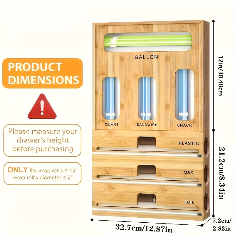 1pc 9 IN 1 Storage Bag Organizer for Kitchen Drawer, Bamboo Foil And Plastic Wrap with Cutter, Organizers Compatible Gallon, Quart, Sandwich Snack Size