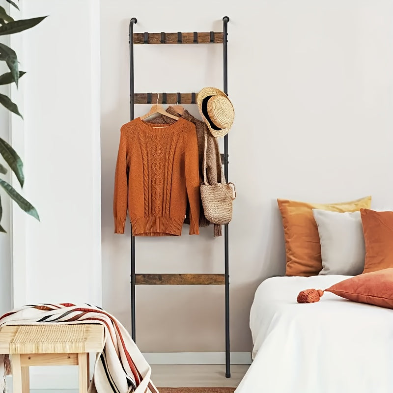 Blanket Ladder, 5 Tier Blanket Holder with 10 Removable Hooks, Farmhouse Style Blanket Ladder for Living Room Bathroom, Decorative Wall Mounted Wooden Quilt Standing Towel Drying Storage Rack, Towel Racks