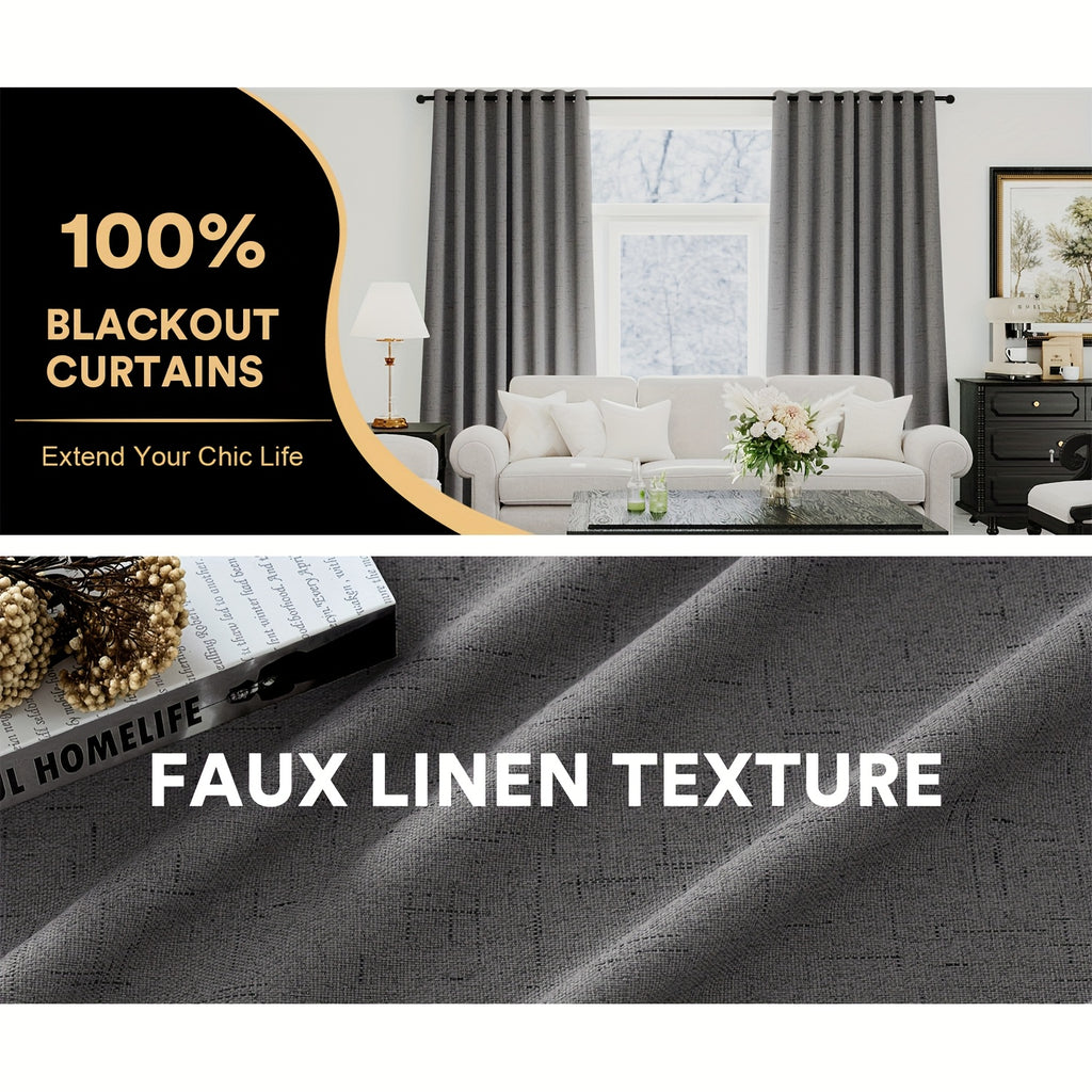 2 Panels 100% Blackout Linen Textured Curtains Thermal Insulated Curtains for Winter Noise Reducing Window Drapes with Grommet for Hall Room Bedroom Living Room PRINCEDECO