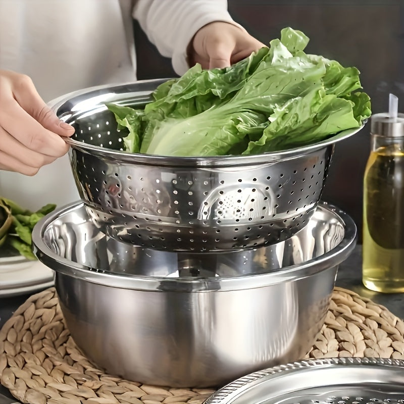 Set of 3 Stainless Steel Kitchen Tools Featuring a Built-In Grinder, Versatile Filter, And Mixing Bowl - Perfect for Washing And Slicing Fruits, Vegetables, And Cheese. Ensures Food Safety with a Drainage System